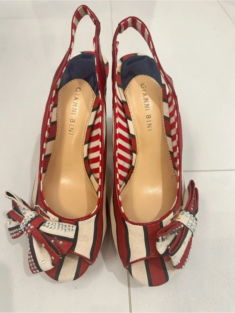 Gianni Bini Red and Cream Striped Peep-Toe Slingback Heels with Bow